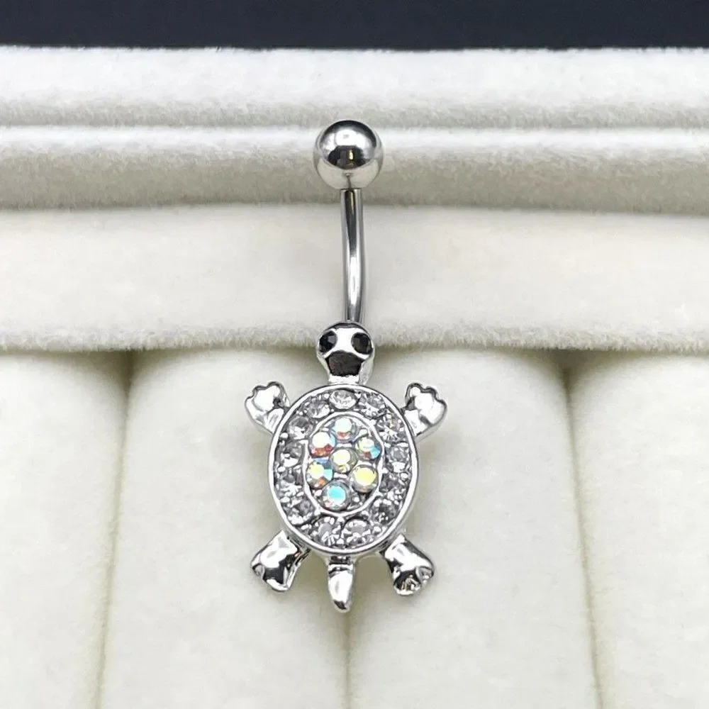 316L Stainless Steel with AB and Diamond Cubic Zirconia Sea Turtle Belly Ring